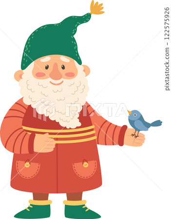 Friendly garden gnome with a long white beard, wearing a green pointy hat and an orange coat, joyfully holding a small blue bird singing in his hand, radiating charm and whimsy Friendly garden gnome with a long white beard, wearing a green pointy hat and an orange coat, joyfully holding a small blue bird singing in his hand, radiating charm and whimsy 122575926
