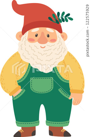 Cheerful garden gnome with a long white beard, dressed in green overalls, a yellow shirt, and a red pointed hat, standing with one hand in his pocket and smiling 122575929