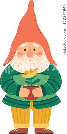 Charming bearded gnome wearing a pointed hat and a green sweater is gently holding a small terracotta pot containing a single yellow flower, showcasing a love for gardening and nature Charming bearded gnome wearing a pointed hat and a green sweater is gently holding a small terracotta pot containing a single yellow flower, showcasing a love for gardening and nature 122575949
