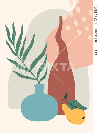 Minimalist still life composition balancing organic shapes with geometric forms, featuring a vase with a plant, a bottle, and a pear, creating a serene and artistic atmosphere Minimalist still life composition balancing organic shapes with geometric forms, featuring a vase with a plant, a bottle, and a pear, creating a serene and artistic atmosphere 122576043