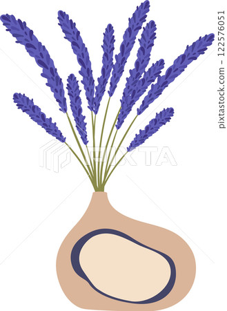 Fresh bouquet of lavender flowers with long green stems standing in a modern beige vase with abstract blue decoration, isolated illustration on plain white background Fresh bouquet of lavender flowers with long green stems standing in a modern beige vase with abstract blue decoration, isolated illustration on plain white background 122576051