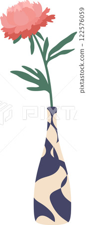 Minimalist still life of single pink peony blossom in a tall, thin vase with modern abstract pattern isolated on a white background, creating a simple yet elegant composition 122576059