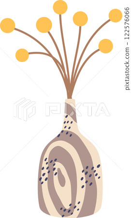 Stylish modern ceramic vase with abstract pattern holding decorative yellow flowers with long stems, creating cozy and artistic atmosphere on plain white background 122576066