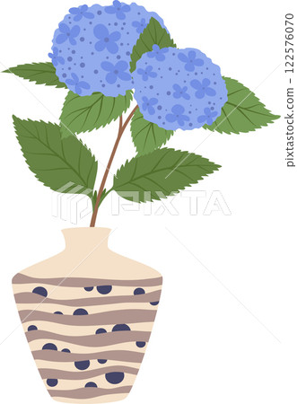 Two blue hydrangea flowers with green leaves standing in a beige vase with stripes and dots decorations, isolated on white background, home decoration, simple and elegant design 122576070