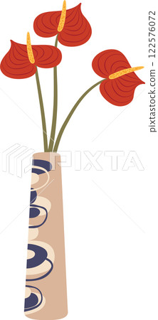 Three red anthurium flowers with yellow pistils standing in a beige ceramic vase decorated with blue and light brown circles on a white background 122576072