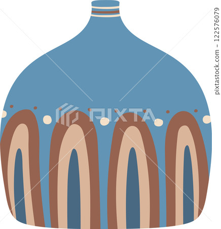 Modern boho style ceramic vase with brown and beige arches and dots decoration on a blue background, perfect for home decor and interior design projects 122576079