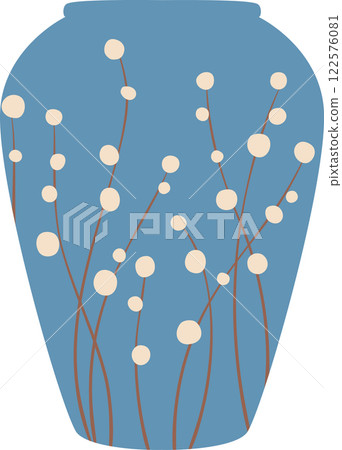 Modern blue vase featuring elegant white floral decorations against a light blue background, enhancing home decor and adding a touch of sophistication to interior design projects 122576081