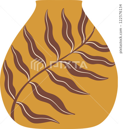 Modern and minimalist yellow vase with stylized brown leaf representing elegance, simplicity, and connection with nature, perfect for interior design and home decor 122576134