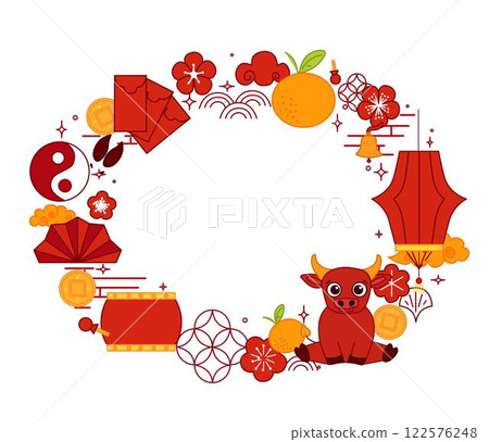 Chinese new year of bull 2033 oval frame template for your text. CNY lunar lantern festival related objects vector graphic illustration 122576248