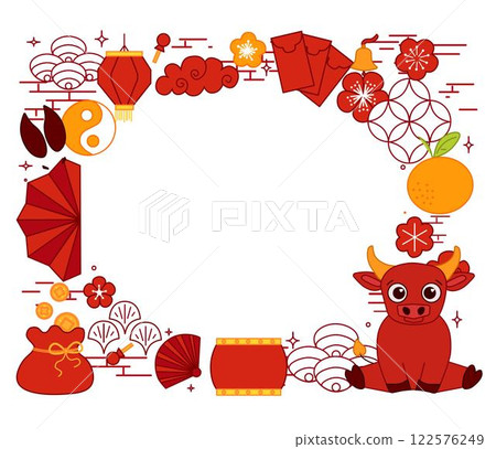new year Chinese lantern festival 2033 bull graphic line art style with hanging red lanterns. oval frame in rectangle Vector graphic template for your text new year Chinese lantern festival 2033 bull graphic line art style with hanging red lanterns. oval frame in rectangle Vector graphic template for your text 122576249