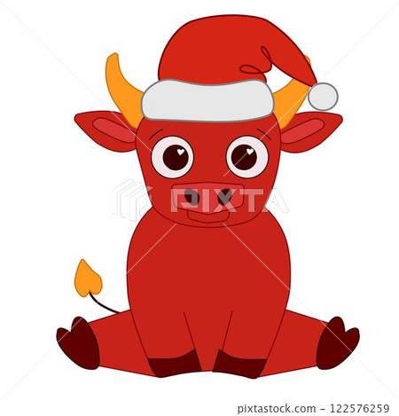 Cute cartoon bull  in a Santa`s hat. Vector graphic line composition illustration of animal isolated on white. 122576259