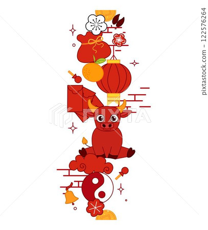 Traditional China new year elements seamless vertical border 2033 year of bull Isolated. Graphic line Vector Illustration. Lunar New Year lantern festival Decorative Banner. Traditional China new year elements seamless vertical border 2033 year of bull Isolated. Graphic line Vector Illustration. Lunar New Year lantern festival Decorative Banner. 122576264