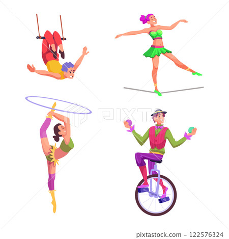 Acrobats. Circus sport characters aerial artists gymnast equilibrists exact vector circus performance 122576324