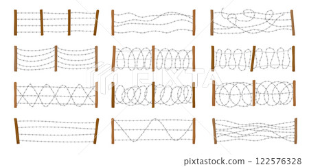 Barbed wire. Prison fences with different types of barbed wire recent vector military or danger zone metal walls 122576328