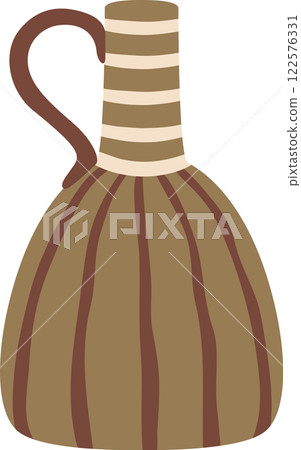 Brown ceramic jug featuring a handle and striped neck, reflecting ancient traditions and artisanal craftsmanship, enhancing historical or cultural settings with its rustic charm Brown ceramic jug featuring a handle and striped neck, reflecting ancient traditions and artisanal craftsmanship, enhancing historical or cultural settings with its rustic charm 122576331