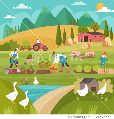 Farm landscape. Rural background with countryside houses and village backgrounds recent vector illustration template Farm landscape. Rural background with countryside houses and village backgrounds recent vector illustration template 122576332