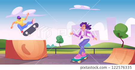 Skateboarders. City special park for skateboarders teen characters riding skating exact vector cartoon background Skateboarders. City special park for skateboarders teen characters riding skating exact vector cartoon background 122576335
