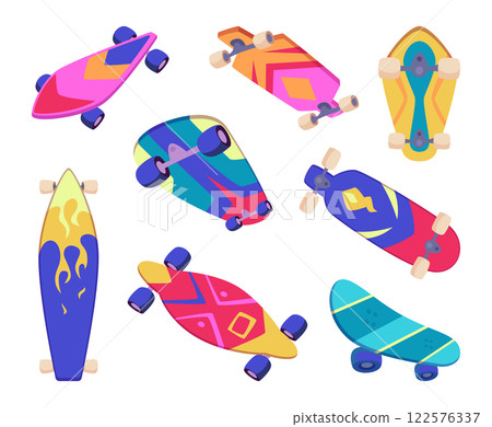 Skateboards. Extreme street sport tools wooden longboards with different designs exact vector cartoon template set Skateboards. Extreme street sport tools wooden longboards with different designs exact vector cartoon template set 122576337
