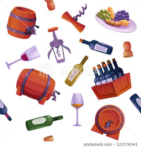 Wine pattern. alcohol red and white wines and winery tools jars and barrels. vector seamless background Wine pattern. alcohol red and white wines and winery tools jars and barrels. vector seamless background 122576341