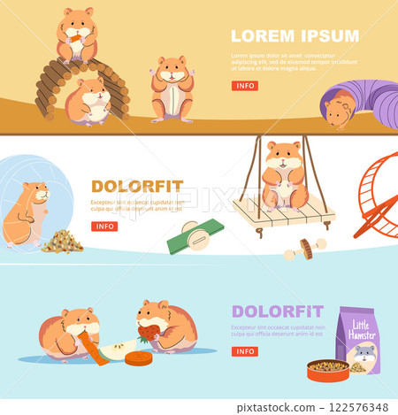 Hamster banner. Domestic animals playing and eating. vector cartoon funny hamsters illustrations 122576348