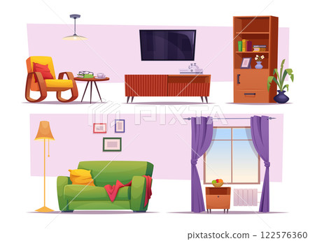 Living room interior. Modern cozy furniture collection fo living room exact vector illustration in flat style Living room interior. Modern cozy furniture collection fo living room exact vector illustration in flat style 122576360