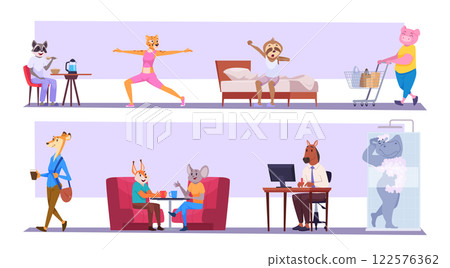 Animals shoppers. Happy animals walking in market exact vector anthropomorphic characters shopoholic 122576362