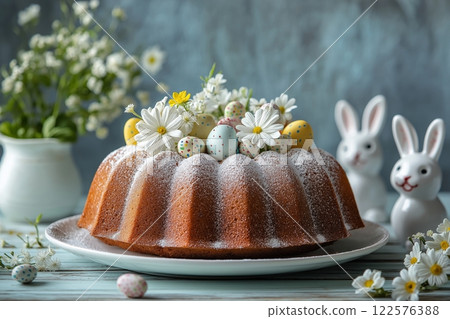 Bundt cake topped with powdered sugar, pastel eggs, and daisies, surrounded by ceramic rabbits 122576388