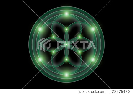 Green Flower of life, lotus icon, logo mandala sacred geometry, bright neon sign, symbol of harmony and balance. Mystical seed of life, circles lines vector isolated on black background 122576420