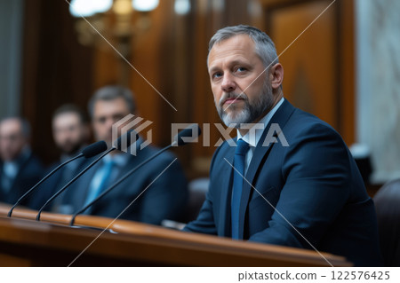 Portrait of a mature man at the podium during a meeting. Portrait of a mature man at the podium during a meeting. 122576425