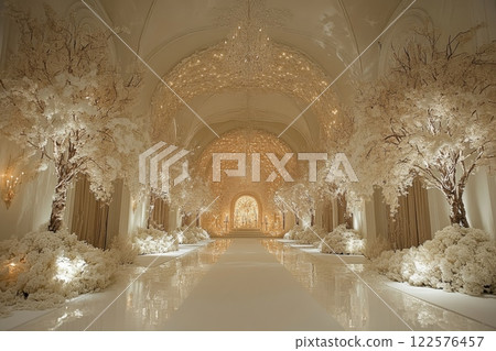 Wedding long hallway with white trees and lights 122576457