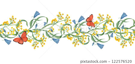 Spring field yellow blue wildflowers with fluttering orange butterflies seamless horizontal banner isolated background. Watercolor blooming campanula, flowers, insect illustration for kitchen textile. Spring field yellow blue wildflowers with fluttering orange butterflies seamless horizontal banner isolated background. Watercolor blooming campanula, flowers, insect illustration for kitchen textile. 122576520