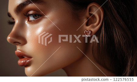 Close up of fashionable female portrait with glitter make-up in mocha mousse color and heart shaped earrings Close up of fashionable female portrait with glitter make-up in mocha mousse color and heart shaped earrings 122576555