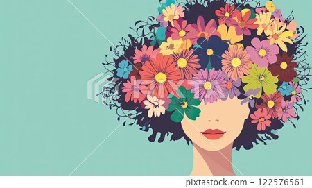 Flat illustration of female portrait with voluminous hairstyle consisting of colorful flowers 122576561