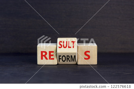 Reform and result symbol. Concept words Reforms Results on beautiful wooden block. Beautiful black table black background. Business Reforms and results concept. Copy space. Reform and result symbol. Concept words Reforms Results on beautiful wooden block. Beautiful black table black background. Business Reforms and results concept. Copy space. 122576618