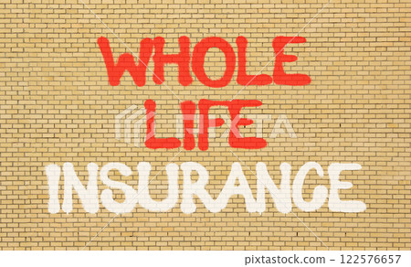 Whole life insurance symbol. Concept words Whole life insurance on beautiful brown brick wall. Beautiful brown brick wall background. Business whole life insurance concept. Copy space. 122576657