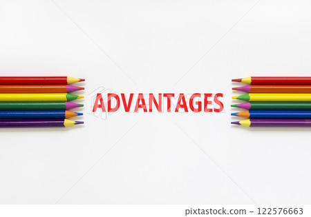 Advantages symbol. Concept word Advantages on beautiful white paper. Beautiful white paper background. Beautiful colored pencils. Business advantages concept. Copy space. Advantages symbol. Concept word Advantages on beautiful white paper. Beautiful white paper background. Beautiful colored pencils. Business advantages concept. Copy space. 122576663
