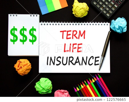 Term life insurance symbol. Concept words Term life insurance on beautiful white note. Beautiful black background. Black calculator. Black pen. Business term life insurance concept. Copy space. 122576665