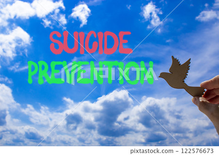 Suicide prevention symbol. Concept words Suicide prevention on beautiful blue sky. Psychologist hand, wooden bird. Beautiful blue sky background. Psychological suicide prevention concept Copy space 122576673