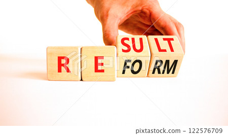 Reform and result symbol. Concept words Reform Result on beautiful wooden block. Beautiful white table white background. Businessman hand. Business Reform and result concept. Copy space. 122576709
