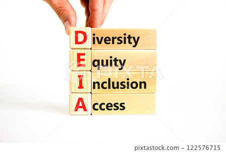 Diversity equity inclusion access symbol. Concept words DEIA diversity equity inclusion access on blocks. Beautiful white background. Business diversity equity inclusion access concept. Copy space. 122576715