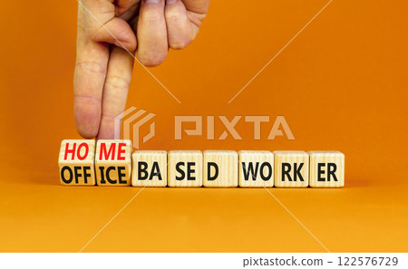 Home or office based worker symbol. Concept words Office based worker Home based worker on wooden cubes. Beautiful orange background. Business, home or office based worker concept. Copy space. 122576729