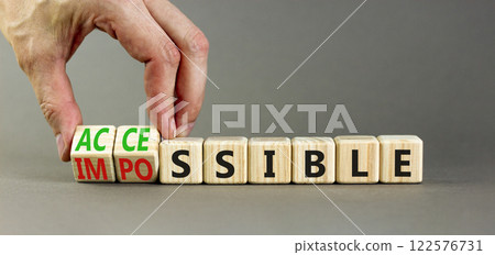 Accessible or impossible symbol. Concept words Accessible or Impossible on beautiful wooden blocks. Beautiful grey table grey background. Business accessible or impossible concept. Copy space. 122576731