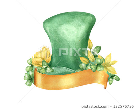 Green leprechaun high hat decorated with spring yellow tulip flowers, shamrock and golden ribbon for text watercolor illustration isolated background. Saint Patrick day. Spring holiday composition. 122576756