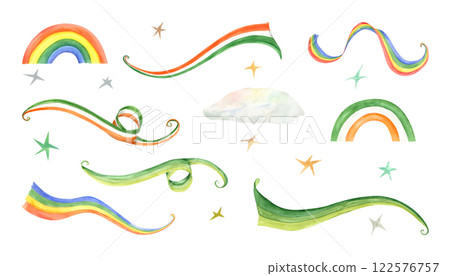 Watercolor waving green white orange rainbow curve and rainbows in Ireland flag colors, cloud, stars set illustration isolated background. Saint Patrick day 2025 decoration. Spring festive elements 122576757