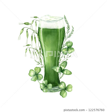 Watercolor full green ale glass with foam, wild green herbs, clover leaves bouquet illustration isolated background. Traditional Irish malt Weizen Beer glass among plant. St. Patrick day drink 122576760