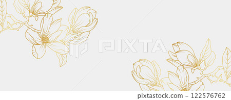 Luxury gold magnolia flowers background. Floral pattern tropical in line art style for greeting, invitation, wedding card, wall art, wallpaper and print. Vector illustration 122576762