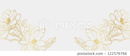 Luxury gold magnolia flowers background. Floral pattern tropical in line art style for greeting, invitation, wedding card, wall art, wallpaper and print. Vector illustration 122576766