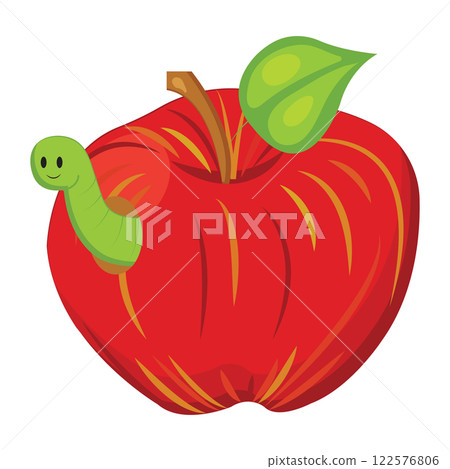 Red apple with a smiling worm. Vector illustration in cartoon style isolated on a white background. Red apple with a smiling worm. Vector illustration in cartoon style isolated on a white background. 122576806