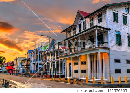 Traditional houses in the historic center of Paramaribo, UNESCO world heritage in Suriname, South America 122576865