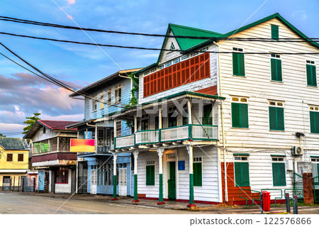 Traditional houses in the historic center of Paramaribo, UNESCO world heritage in Suriname, South America 122576866